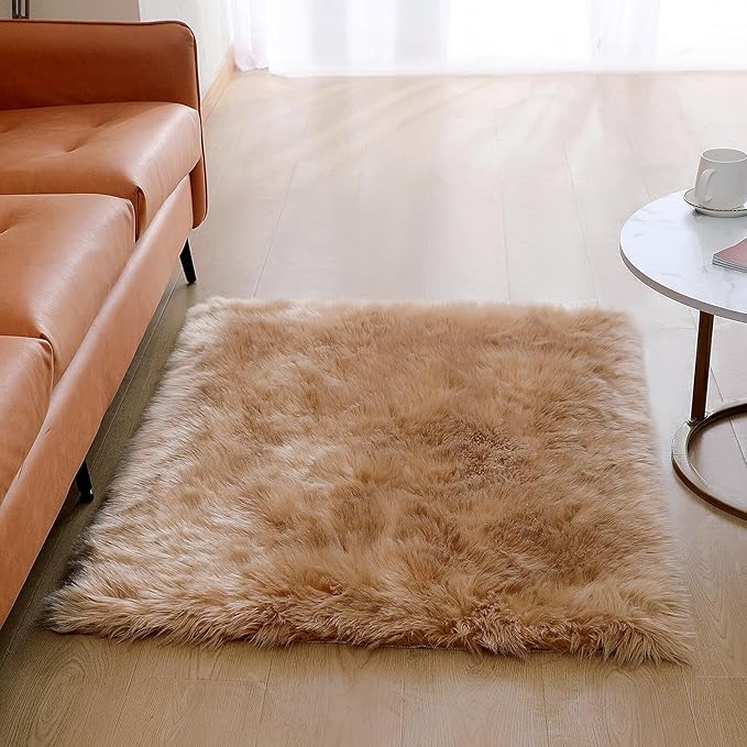 linmopm Faux Fur Rug Sheepskin Shag Fluffy Fuzzy Beige 3x4 ft Rugs for Bedroom Bedside Bed Floor Living Room Plush Rectangle High-Density Cushion Carpet Super Sofa Cover