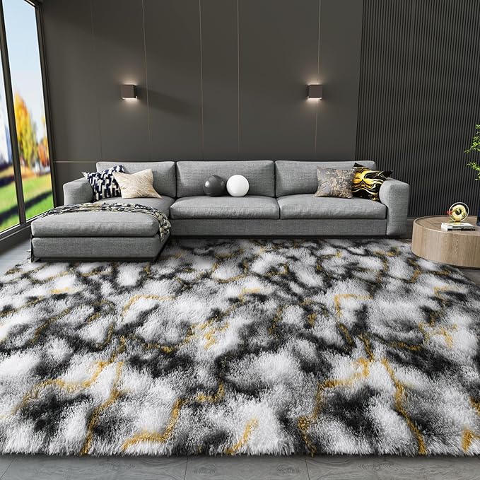 LOCHAS Ultra Soft Indoor Modern Area Rugs Fluffy Living Room Carpets for Children Bedroom Home Decor Nursery Rug 6x9 Feet, Grey-Gold