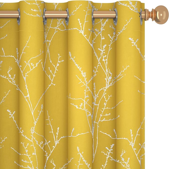 Deconovo Blackout Curtains Yellow, 52 x 84 Inch 2 Panels Set Drapes for Living Room, Modern Silver Tree Print Pattern, Thermal Insulated Soundproof Window Panel for Bedroom Office, Machine Washable