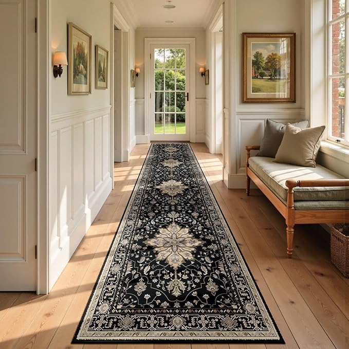 Area Rugs 2'x9' Runner Rug Non Slip Washable for Kitchen Hallway Bedroom Beside Laundry Room Bathroom Rug, Floor Carpet, Black Brown Neutral Dark Tan