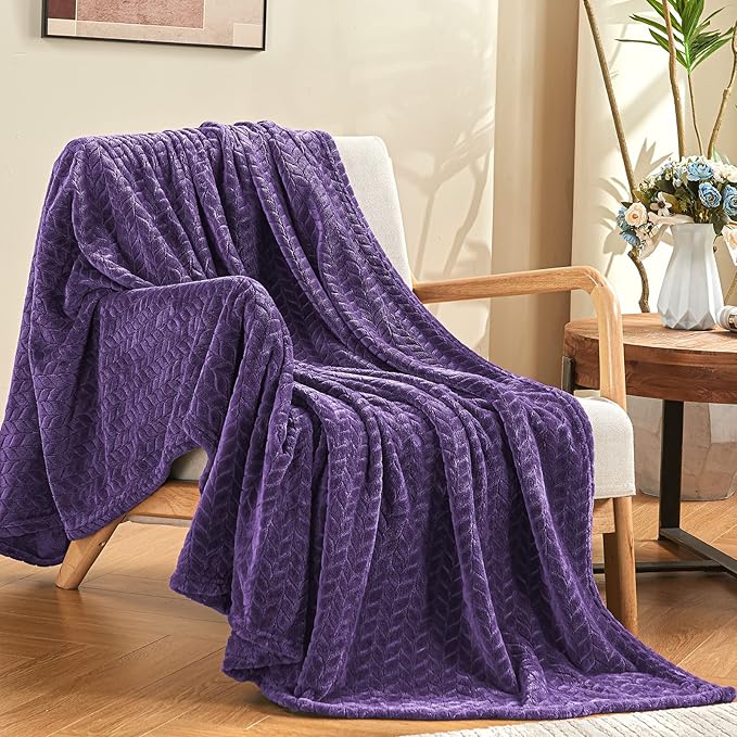 inhand Purple Fleece Twin Blanket, Super Soft Flannel Leaves Pattern Fuzzy Blanket for Couch Sofa Bed, 60 x 90 Inches