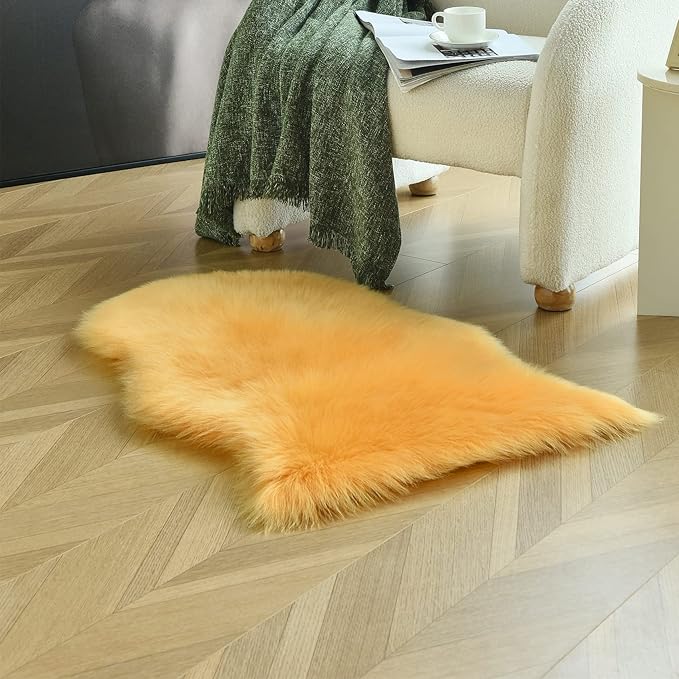 duduta Yellow Faux Sheepskin Rug 2x3 ft, Small Fluffy Shag Fur Rug for Bedroom Dorm Nursery Chair Covers Decor Non Slip