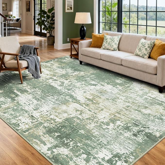 Washable Area Rugs 5'x8' Non-Slip Modern Abstract Soft for Living Room Entryway Bedroom Nursery, Print Pattern, Light Green/Yellow