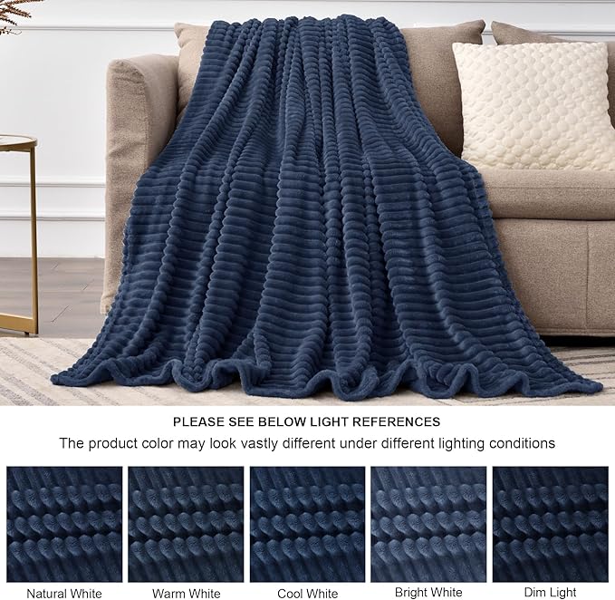 BEDELITE Fleece Throw Blanket for Couch – 3D Ribbed Jacquard Soft and Warm Decorative Fuzzy Blanket – Cozy, Fluffy, Plush Lightweight Navy Throw Blankets for Bed, Sofa, 50x70 inches