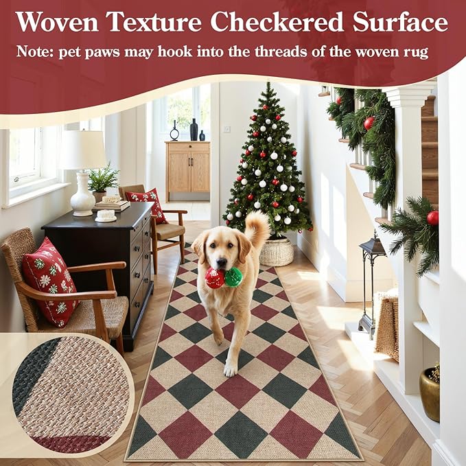 Lahome Christmas Runner Rug, 2x8 Checkered Christmas Decor Non Slip Entryway Runner Rug, Checkerboard Red and Green Indoor Outdoor Xmas Decorations for Hallway 8ft Entry Laundry Room