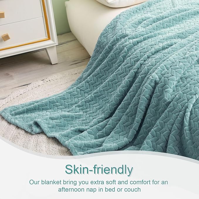 Exclusivo Mezcla Fleece Queen Size Blanket for Bed, 90x90 Inches Soft Cozy Jacquard Flannel Blankets, Lightweight Fuzzy Plush Warm for Women, Celadon