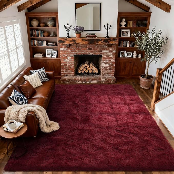 8x10 Ft Extra Large Shag Rugs for Living Room, Ultra Soft Fluffy Furry Area Rugs for Bedroom Indoor Floor, Aesthetic Carpet for Kids Home Decor (Burgundy)
