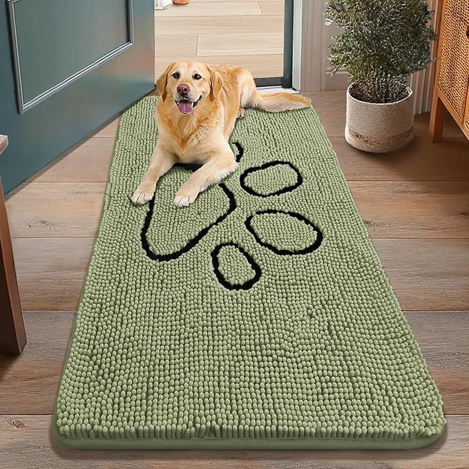 Smiry Dog Door Mat for Muddy Paws, Absorbent Dirt Trapper Non Slip Quick Dry Washable Chenille Mat for Mud Dogs, Entry Rug for Indoor and Outdoor (48x30 Inches, Sage Green and Black)