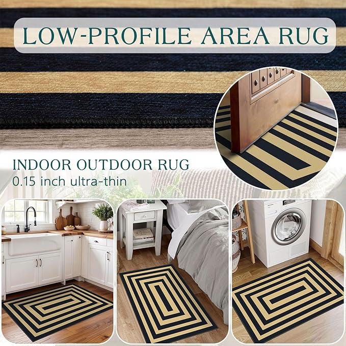 Front Door Mat Outside Entrance - 2x3 Modern Non-Slip Washable Doormat Indoor Outdoor Entrance Black Tan Geometric Bordered Rug Small Throw Rugs for Entryway Bedroom Kitchen Front Porch Decor
