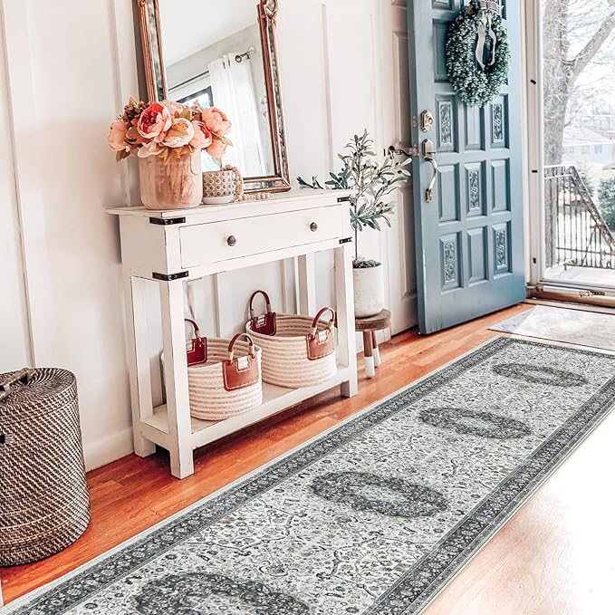 Hallway Washable Runner Rug - 2x10 Kitchen Rugs Entryway Rug Runner Vintage Soft Floor Mat Non Slip Indoor Farmhouse Carpet for Bathroom Living Room Bedroom (2 X 10, Grey)