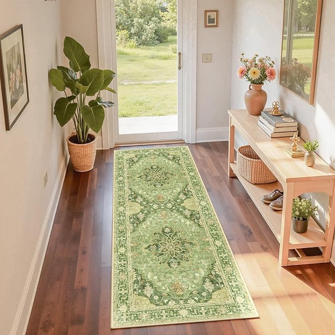 Area Rugs 2'x6' Runner Rug Non Slip Washable for Kitchen Hallway Bedroom Beside Laundry Room Bathroom Rug, Floor Carpet, Sage Green Yellow