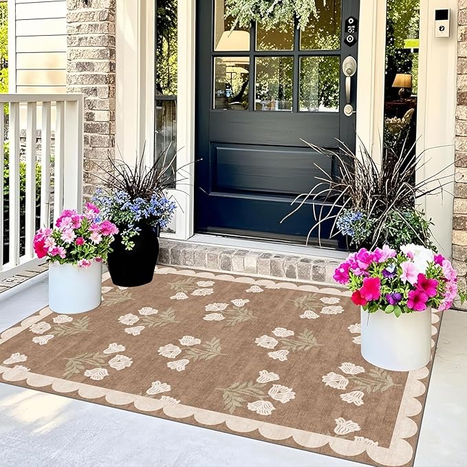 3x5 Floral Entry Rug - Small Washable Indoor Outdoor Mats for Front Door Non-Slip Porch Rug Tan Boho Neutral Farmhouse Throw Rugs for Living Room Bedroom Entryway Kitchen Office Porch Decor