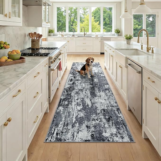 Washable Area Rugs 2'6''x8 Non-Slip Modern Abstract Soft for Living Room Entryway Bedroom Nursery, Print Pattern, Black Navy Blue Gray