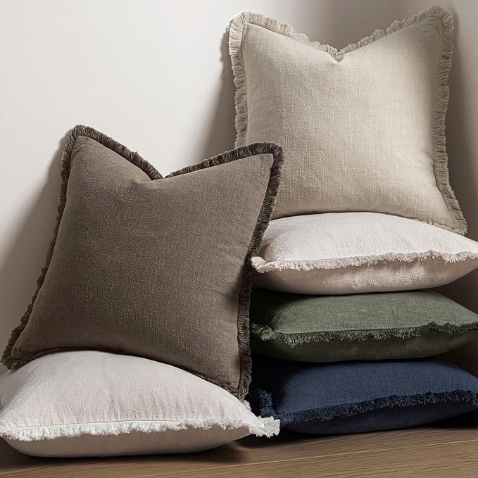 MIULEE Decorative Throw Pillow Covers Neutral Linen Fringe Throw Pillows Euro Shams Set of 2 Natural Coffee Boho Farmhouse Cushion Covers for Couch Sofa Bed Living Room Spring Home Decor 22x22 Inch