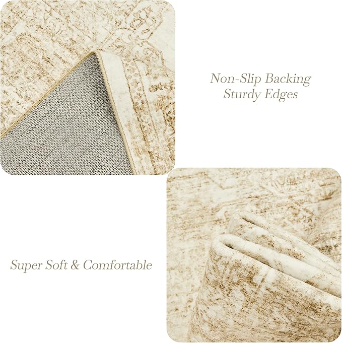 Washable Area Rug 10x14, Large Soft Rugs for Living Room Vintage Beige Rug 10x14 Area Rugs for Bedroom Dining Room Floral Non-Slip Thin Rug