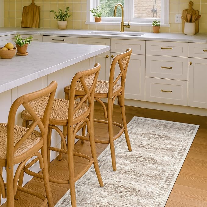 Hazo Haus Boho Bathroom Rug 2x5 Runner, Neutral Farmhouse Kitchen Rugs, Small Throw Runners for Laundry Room Bedroom, Vintage Floral Décor, Non-Slip Low-Pile Washable Stain Resistant Beige Latte