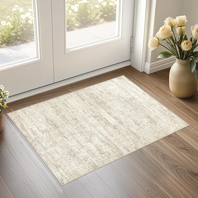 UERMEI 2x3 Entryway Area Rug: Washable Neutral Modern Abstract Small Rug - Non-Slip Low Pile Throw Indoor Carpet for Entrance Kitchen Front Door Mat Bathroom Entry Kids Room - Dark Brown - Beige/Brown
