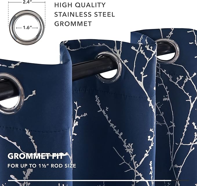 Deconovo Blackout Curtains, Navy Blue Curtain, Thermal Insulated Soundproof Drapes, Branch Silver Print, 52 x 72 Inch Long, Machine Washable Grommet Panels for Bedroom Living Room Office, Set of 2