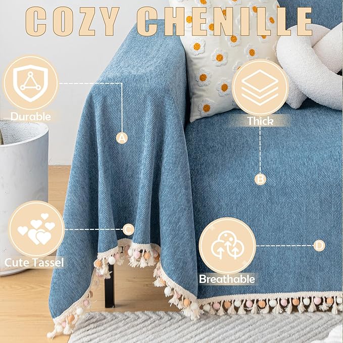 HANDONTIME Couch Slipcover Dog Sofa Covers Boho Couch Cover for Dogs Blue Sofa Throw Cover Bohemian Sofa Covers for 3 Cushion Couch Herringbone Sectional Couch Cover Slipcovers for Sofas, 91" X118"