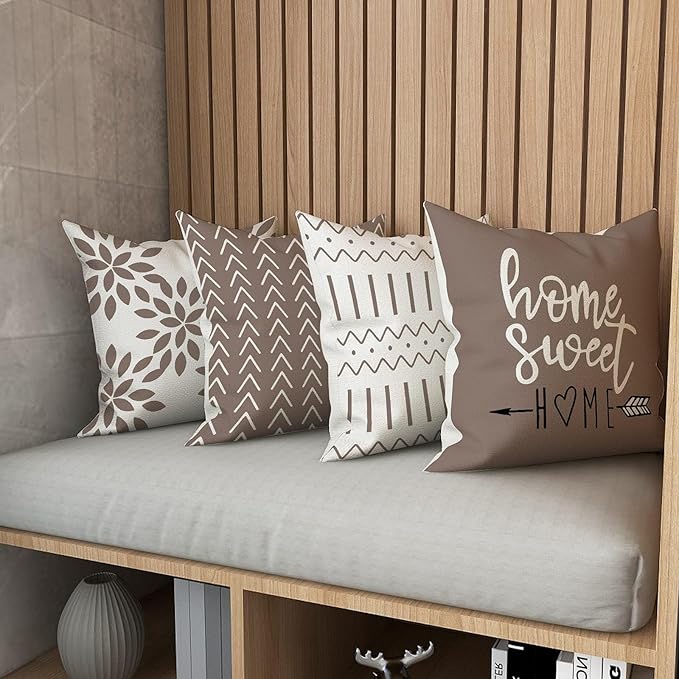 YCOLL Pillow Covers 18x18 Set of 4, Modern Sofa Throw Pillow Cover, Decorative Outdoor Linen Fabric Pillow Case for Couch Bed Car, Khaki