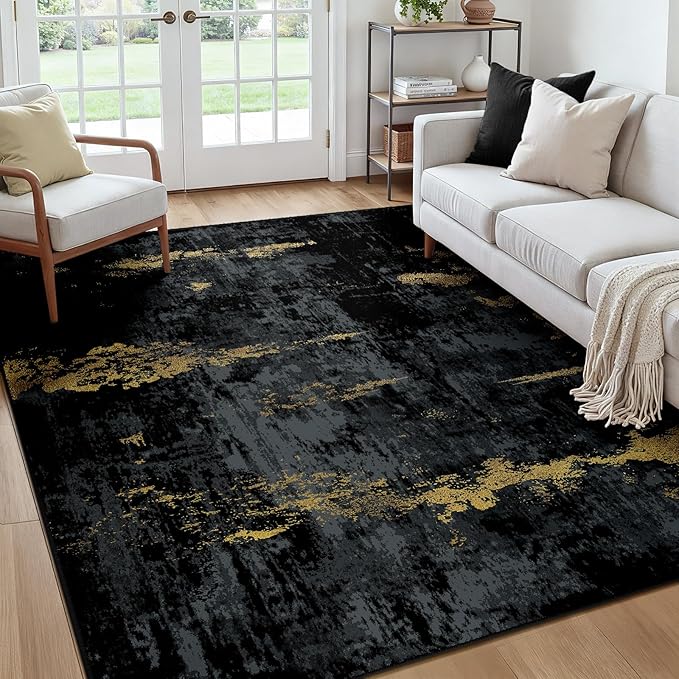 Washable Area Rugs Square 7ft Non-Slip Modern Abstract Soft for Living Room Entryway Bedroom Nursery, Print Pattern, Dark Black Gold