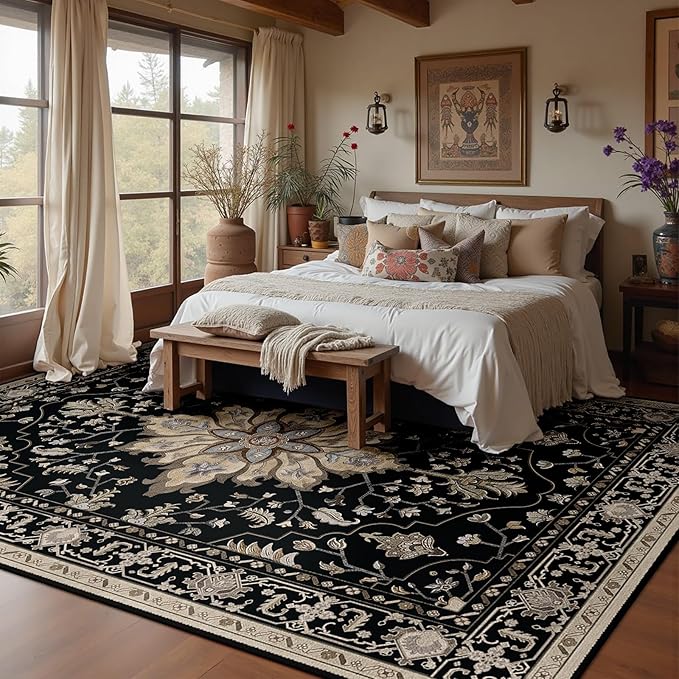 Area Rugs 5'x8' Washable Non-Slip, Floral Vintage Distress Print Pattern Medallion Carpet for Living Room Bedroom Dining Room, Black Brown Neutral Dark Tan