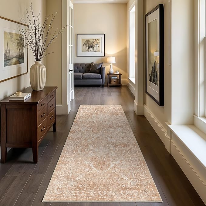 Hallway 2x6 Washable Runner - Vintage Non-Slip Long Rug for Entryway Low-Pile Washable Medallion Runner for Hallway Waterproof Traditional Runners Indoor Thin Rug for Kitchen (Brick)