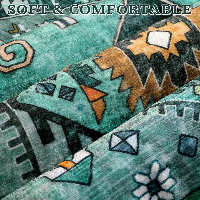 SERISSA Boho Round Area Rug, 6ft Washable Non-Slip Circle Rug, Ultra Soft Oriental Vintage Teal Low-Pile Circular Carpet for Bedroom Entryway Kids Room Office College Dorm Living Room