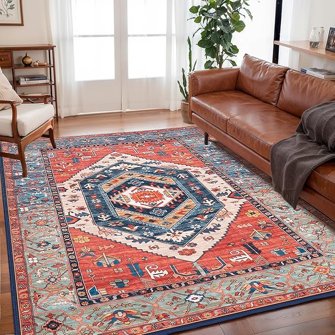 SERISSA Washable Rug 5x7 Boho Area Rugs, Washable Large Rugs for Living Room, Ultra Soft Non-Slip Rust Rug Print Distressed Vintage Farmhouse Carpet for Bedroom Dining Room Dorm Office Home Decor