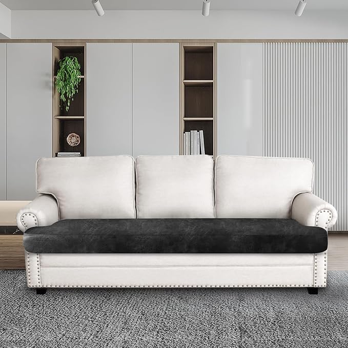 Leather Look Couch Cushion Covers Sofa Seat Slipcovers Sets Couches Furniture Protector for Sectional Armchair Loveseat Pets Kids Stretch Spandex Fabric (1 T-Cushion Sofa, Dark Grey)