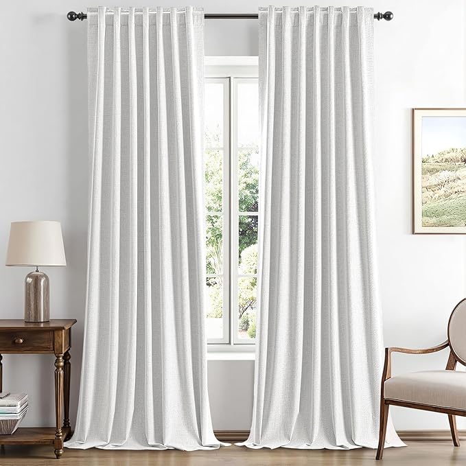 MIULEE 100% Blackout Linen Curtains for Bedroom, Heathered White Solid Luxury Decor Thermal Insulation Room Darkening Drapes for Living Room Nursery Back Tab Rod Pocket 42 x 96 Inches, 2 Panels