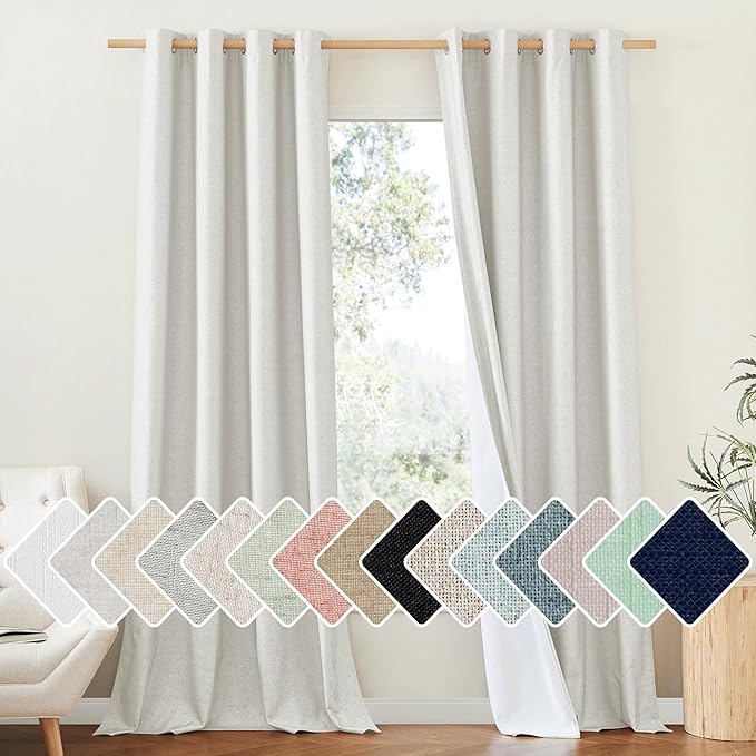 NICETOWN 100% Absolutely Blackout Linen Curtains with Thermal Insulated White Liner, Ivory, W52, 2 Pieces, Noise Reducing Textured Linen Look Curtains for Windows 120 inch Length for Classroom
