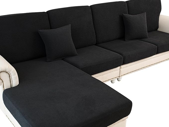 Couch Cushion Covers for Sectional Sofa L Shape Washable Separate Seat Chaise Couch Cover Stretch Sofa Slipcovers with 2 Pcs Pillowcases(3 Seater + 1 Chaise, Black)