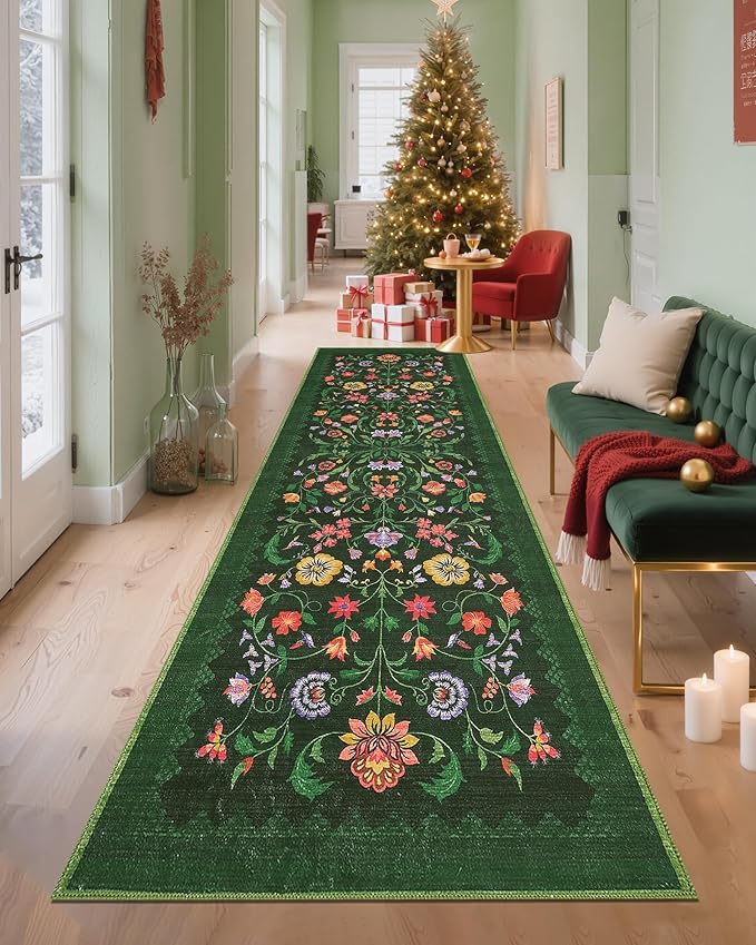 Protea Floral Rug 2.5x8 Runners for Hallways, Boho Kitchen Runner Rugs Non Slip Bath Runners, Vintage Washable Runner Rug for Bedroom, Soft Long Rugs for Entryway Bathroom Laundry Dorm, Forest Green