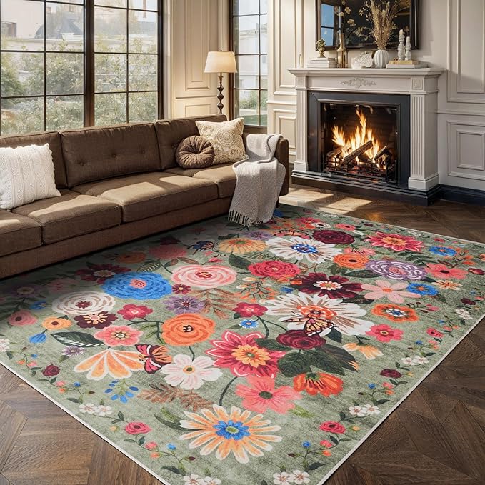 Green Area Rugs 10x14 Living Room, Non Slip Machine Washable Floral Rugs, Low Pile Lightweight Large Rug for Bedroom, Dining Room, Home Office(10 x 14, Green Garden)