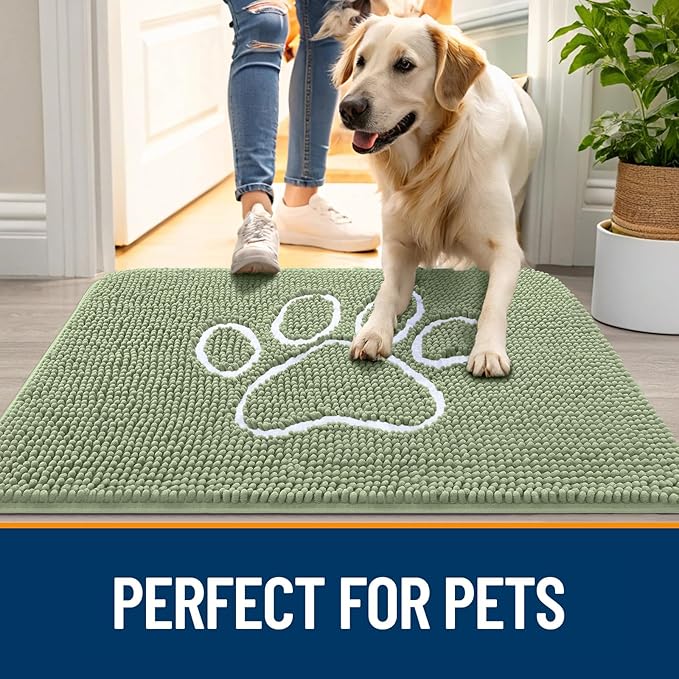 OLANLY Dog Door Mat for Muddy Paws 24x16, Paw Print Design, Absorbs Moisture and Dirt, Non-Slip Washable Doormat, Quick Dry Chenille Mud Mat for Dogs, Entry Indoor Entryway Carpet, Sage Green