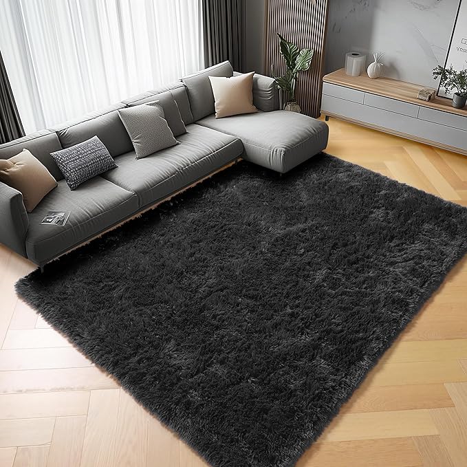 ONASAR Black Area Rugs for Living Room Bedroom, 5x8 Fluffy Shaggy Rug, Soft Plush Large Indoor Floor Carpet for Nursery Kids Girls Boys Teen Dorm Bedside Playroom Home Office Decor Aesthetic
