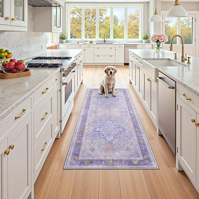 Area Rugs 2'x6' Runner Rug Non Slip Washable for Kitchen Hallway Bedroom Beside Laundry Room Bathroom Rug, Floor Carpet, Light Purple Brown
