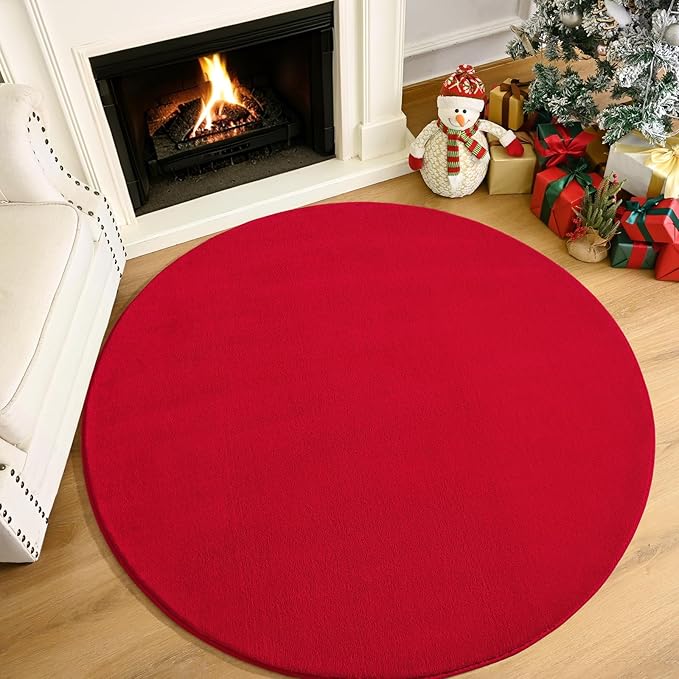 Amearea Red Round Area Rugs 5ft Washable Circle Rugs for Bedroom Living Room, Fluffy Indoor Thickened Memory Foam Rug, Non Slip Minimalist Circular Carpet for Kids Boys Girls Dorm Nursery Room Decor