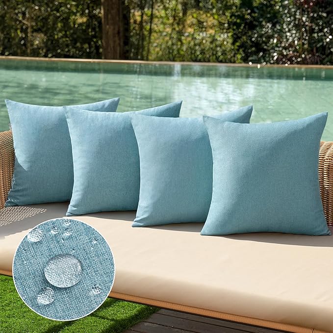 MIULEE Pack of 4 Decorative Outdoor Throw Pillow Covers Linen Waterproof Pillow Covers Farmhouse Cushion Cases for Patio Garden Tent Balcony Couch Sofa 16x16 inch Blue Gray