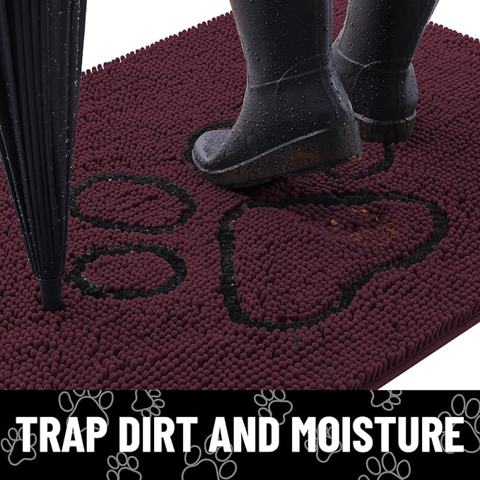 Smiry Dog Door Mat for Muddy Paws, Absorbent Dirt Trapper Non Slip Quick Dry Washable Chenille Mat for Mud Dogs, Entry Rug for Indoor and Outdoor (48x30 Inches, Russet and Black)