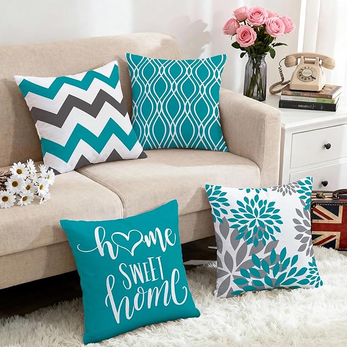 Hexagram Geometric Teal Pillow Covers 18x18 Set of 4, Decorative Outdoor Boho Modern Throw Pillow Covers, Home Sweet Home Farmhouse Cushion Case for Couch Sofa Bedroom Indoor Decor(No Insert)