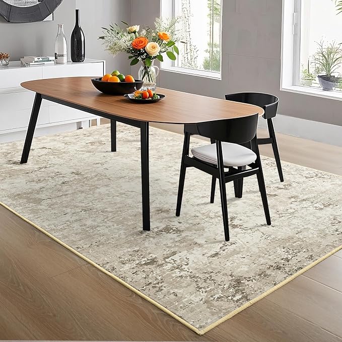 Toneed Abstract Area Rug Modern Washable Rug Soft Non Slip Rug Low Pile for Bedroom Living Room Dining Room Beige 4x6 Feet