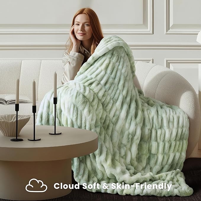 Ultra Soft Cozy Faux Fur Throw Blanket, Fuzzy Plush Thick Bubble Blanket, Oversize Luxury Fluffy Blanket for Couch, Sofa, Bedroom, and Living Room,50x60 Inches,Double Sided Tie-Dye Sage