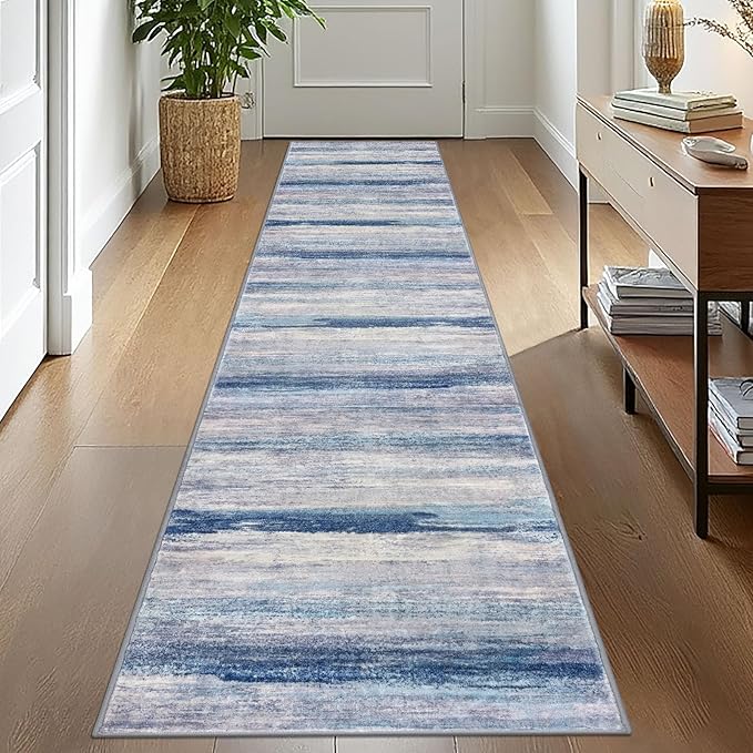 KOZYFLY Modern Abstract Kitchen Runner Rug, 2x10 Washable Rug Runner Non-Slip Soft Striped Hallway Runner Rugs, Blue/Grey/Beige Print Carpet Runner for Entryway Bathroom Laundry Room Foyer