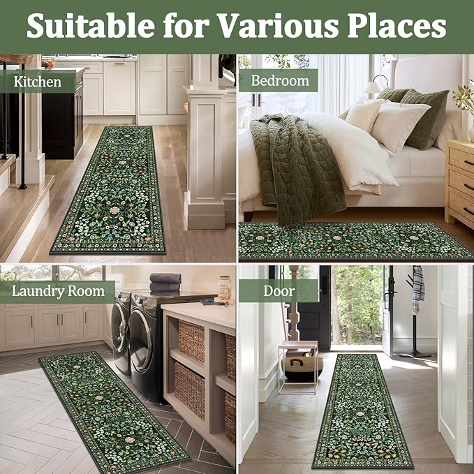 Yamaziot Washable Runner Rug 2x8 – Boho Non Slip Floral Hallway Runner Rug with Rubber Backing, Low Pile Distressed Carpet for Kitchen, Laundry, Bedroom, Entrance, Colorful Green