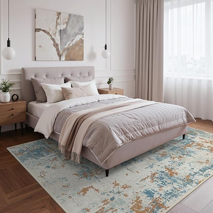 Area Rugs 8x10 for Living Room Bedroom, Modern Abstract Machine Washable Rug, Large Soft Low Pile Floor Carpet with Non Slip Backing for Dining Room, Teal and Terracotta
