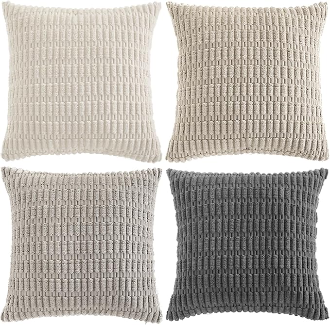 Fancy Homi Set of 4 Grey and White Decorative Throw Pillow Covers 14x14 Inch for Couch Bed Chair, Modern Farmhouse Boho Room Decor, Soft Fuzzy Double Sided Corduroy Textured Striped Cushion Case 35cm