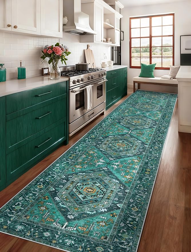 SERISSA Runner Rug for Hallways, 2'6"x14' Washable Non Slip Kitchen Runner Rug, Extra Long Boho Rug Ultra Soft Vintage Teal Print Floor Carpet for Bedroom Hallway Entryway Bathroom Laundry Room