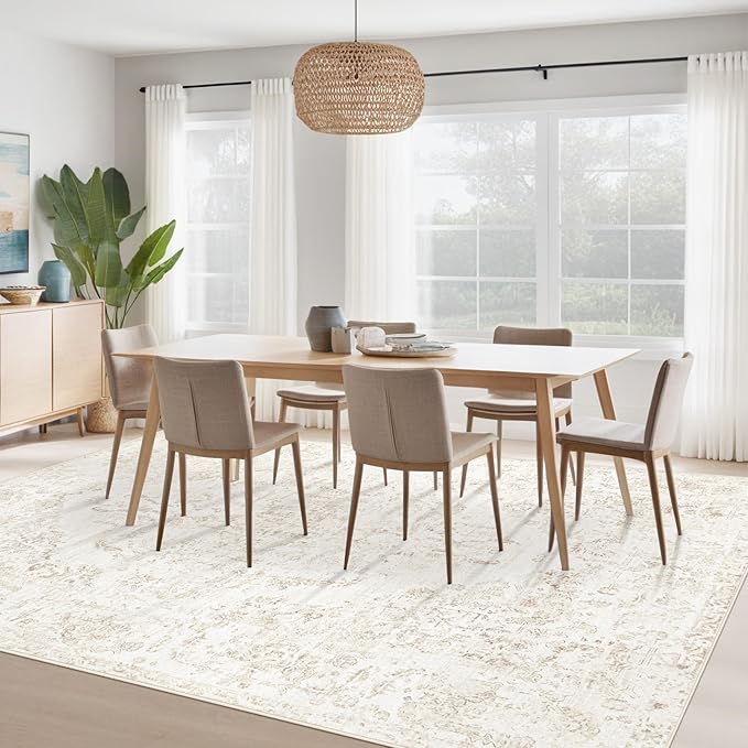 8x10 Area Rugs for Living Room: Washable Rug Vintage Large Rugs Soft Non Slip Low Pile Rug Floral Distressed Floor Carpet for Bedroom Kitchen Nursery Dining Room Home Office (Beige, 8'x10')